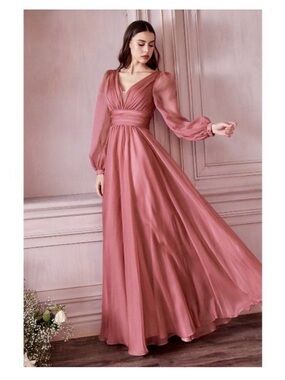 Long-Sleeve Maxi Dress in Dusty Rose — Elegant V-Neck Gown
